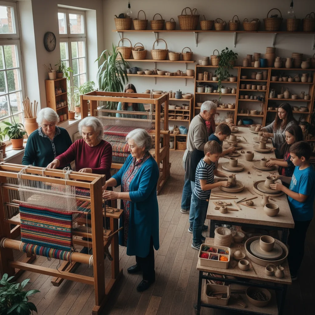 Intergenerational group learning traditional craft in community workshop