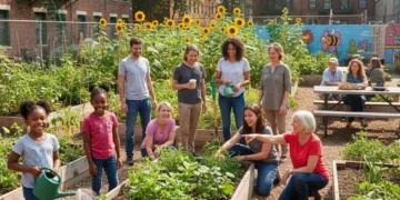 Diverse community members engaging in intergenerational mentorship in a vibrant garden.