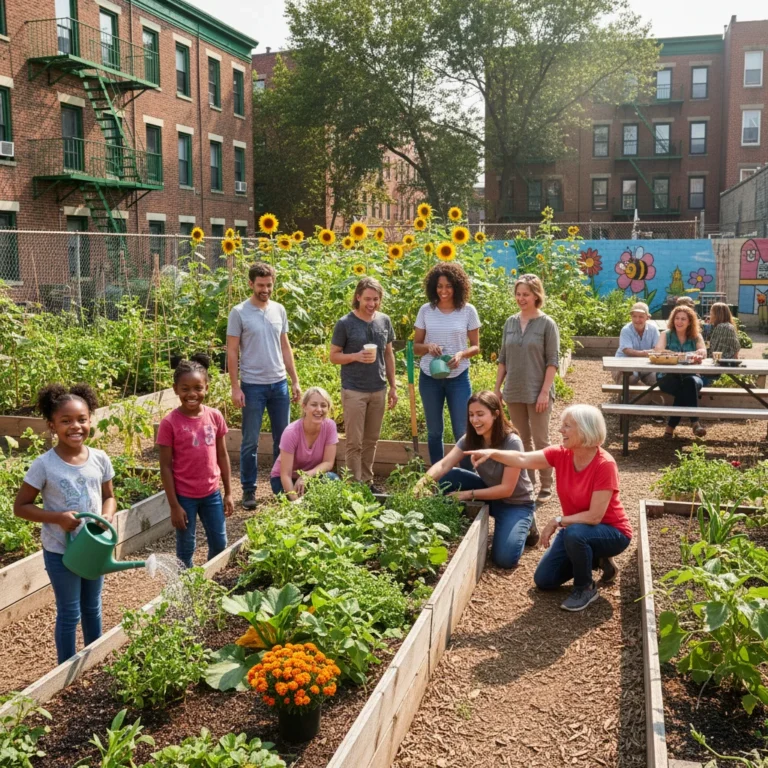 Diverse community members engaging in intergenerational mentorship in a vibrant garden.