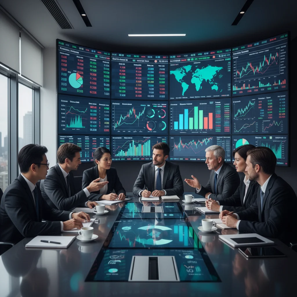 Investors collaborating and discussing investment strategies in a modern office setting.