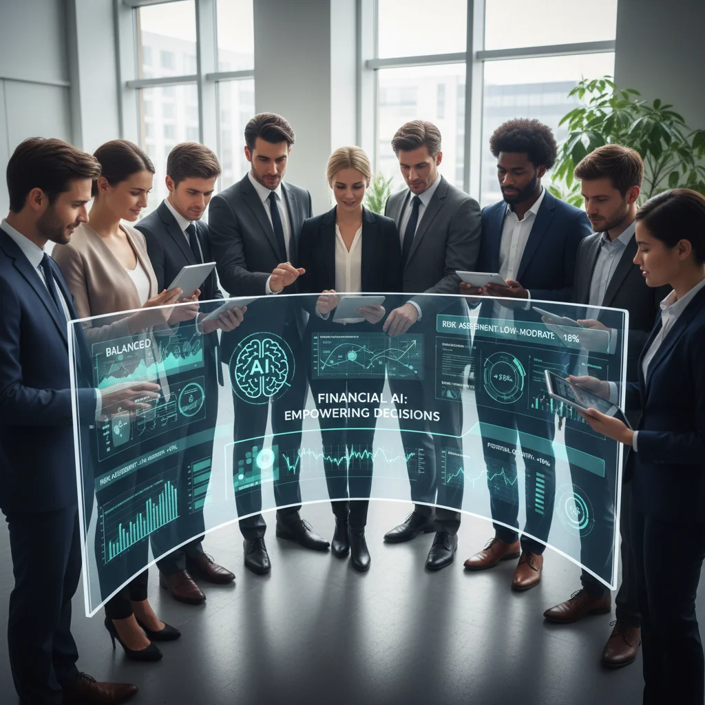 Diverse group of investors analyzing AI-generated financial insights on a large interactive display.
