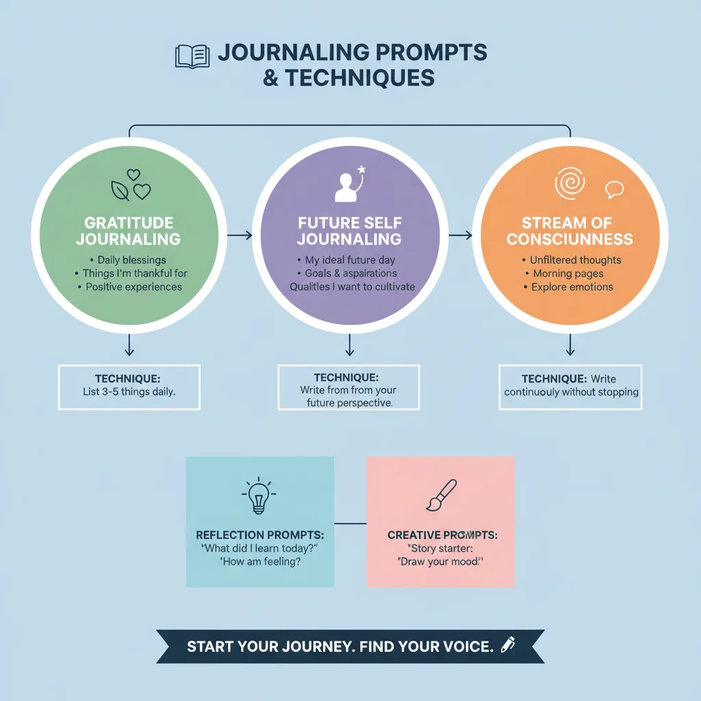 Infographic displaying diverse journaling prompts and techniques