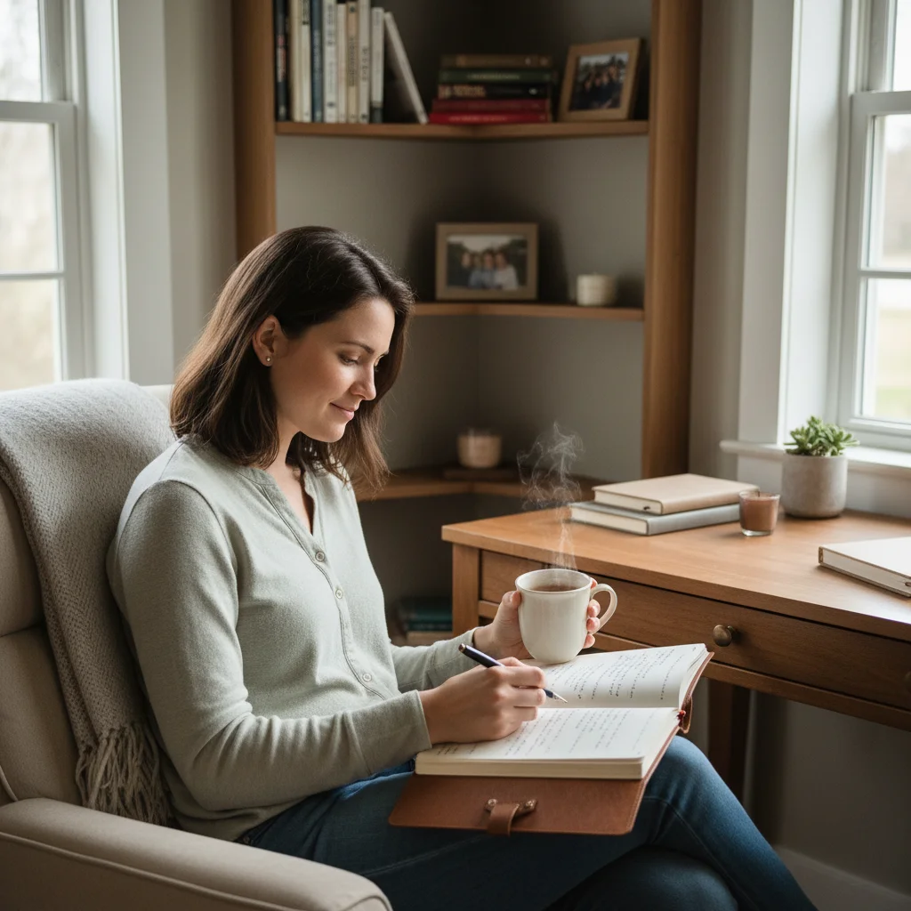 Person journaling and reflecting on progress, mindfulness