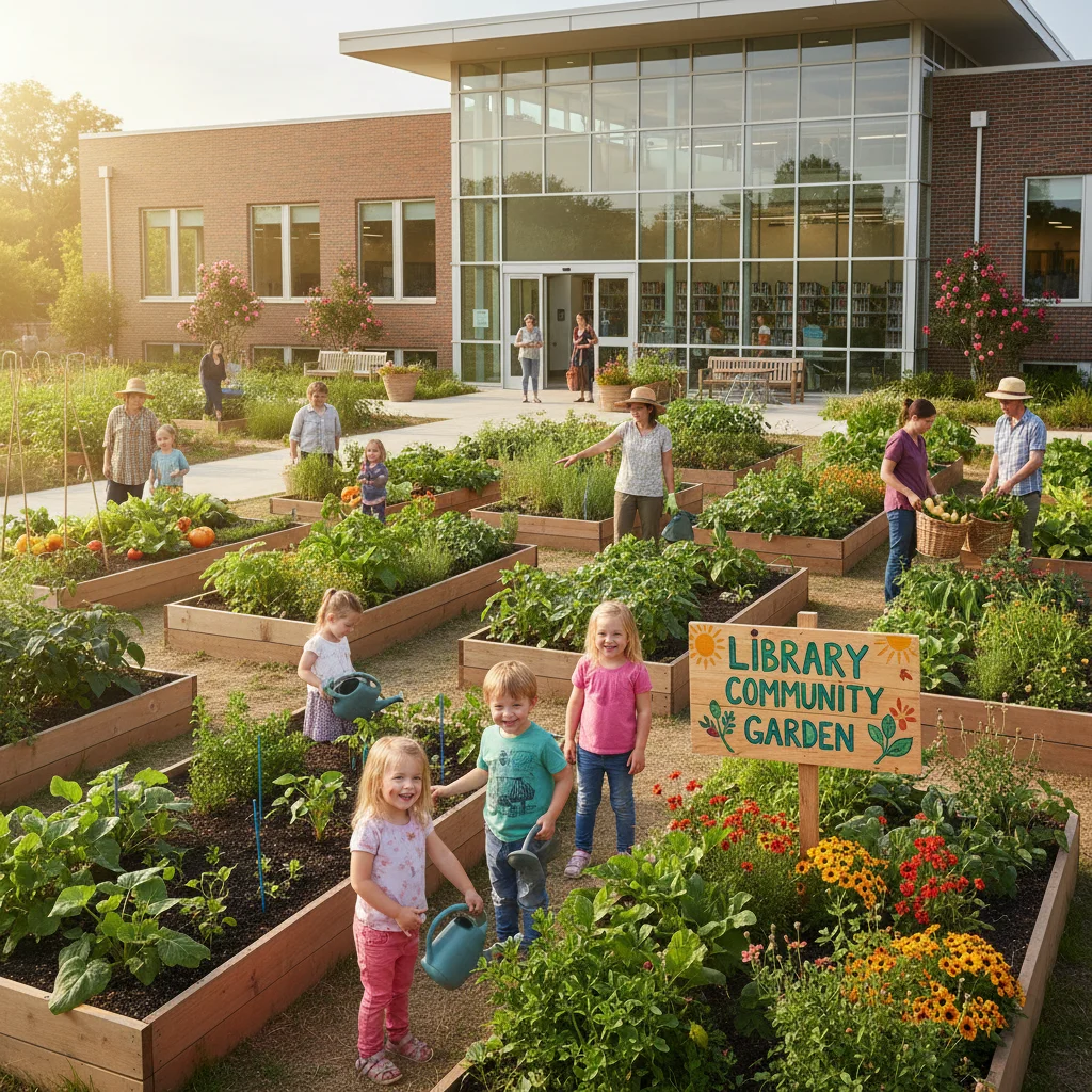 Community garden thriving outside a modern public library building