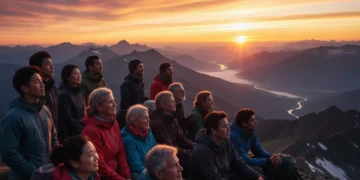 Diverse people contemplating life purpose on a mountain at sunrise