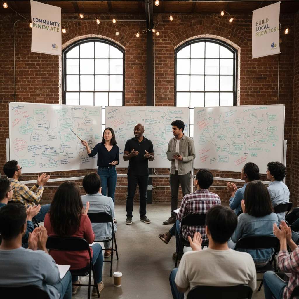 Local entrepreneurs presenting ideas at a community business incubator, fostering economic growth.