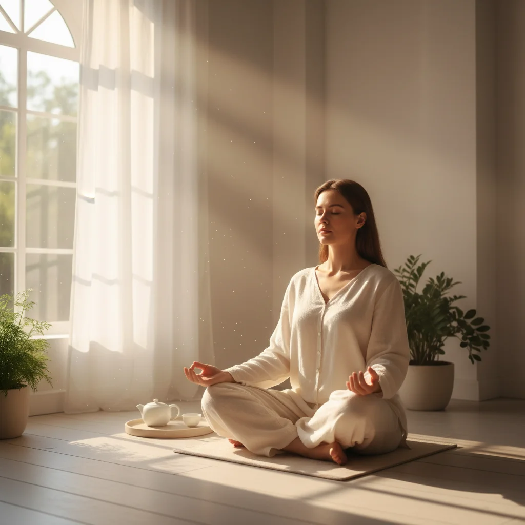 Individual meditating peacefully in the early morning light.