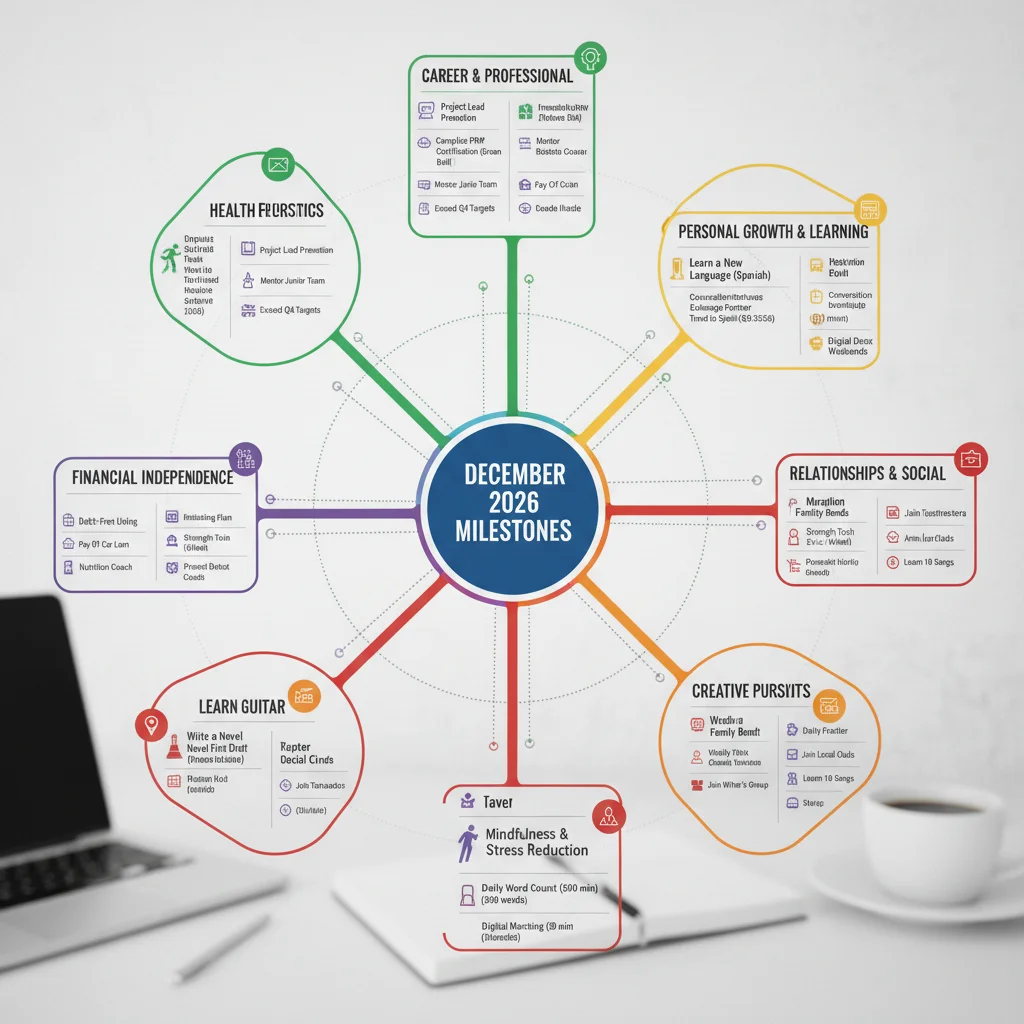 Mind map visualizing interconnected personal milestones and action steps
