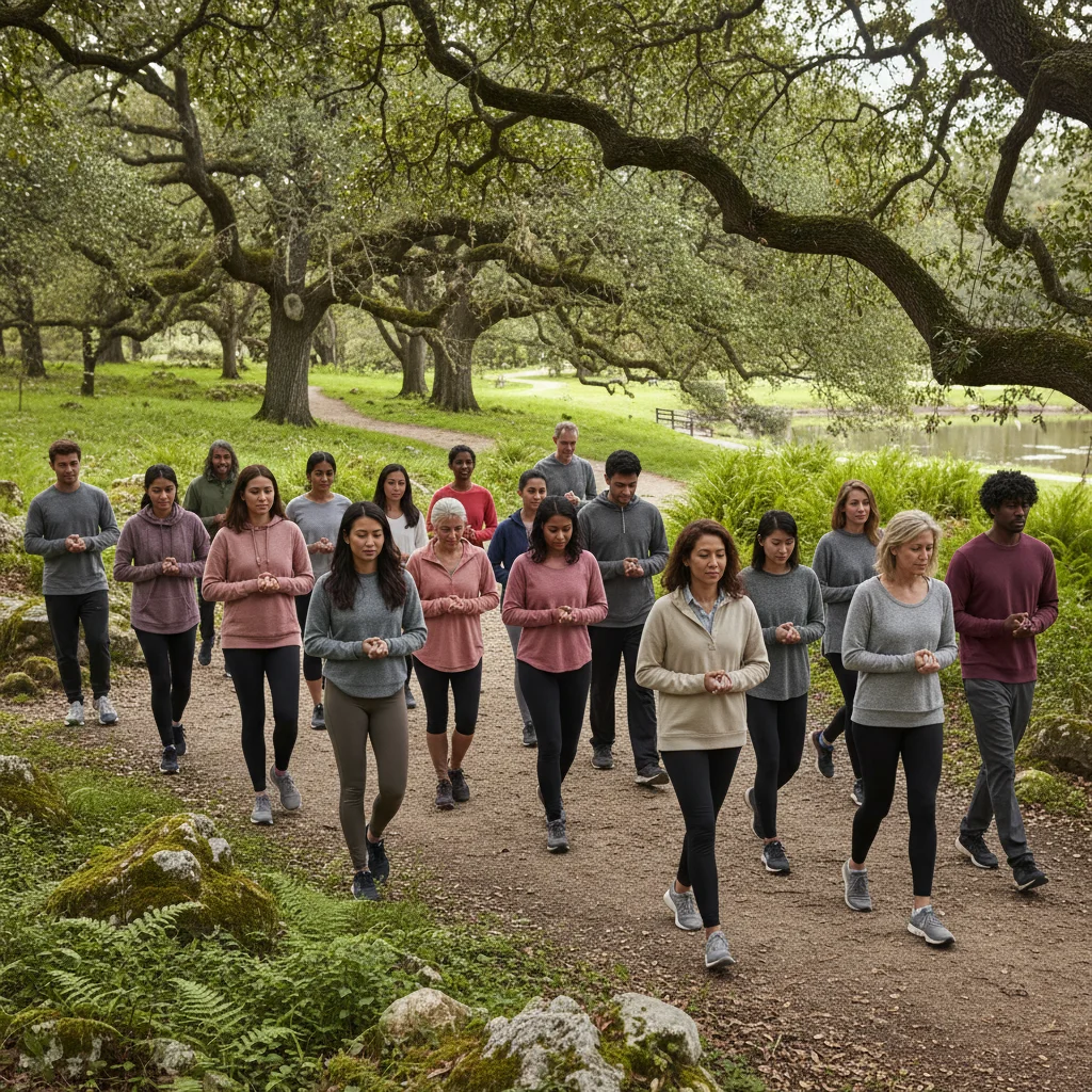 Diverse Americans practicing mindful walking in nature