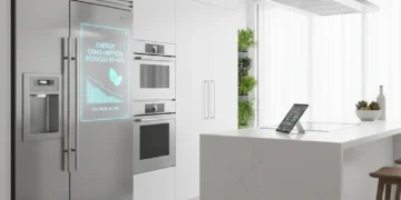Modern kitchen with energy-efficient appliances, showcasing smart technology and sustainability.