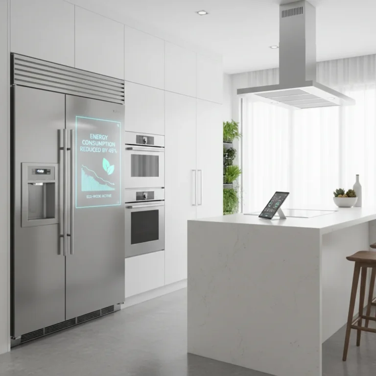 Modern kitchen with energy-efficient appliances, showcasing smart technology and sustainability.