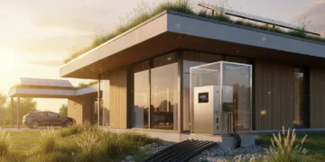 Modern home with geothermal heat pump system installation, emphasizing energy efficiency.