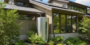 Modern home with integrated rainwater harvesting system reducing water bills.