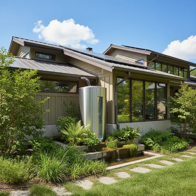 Modern home with integrated rainwater harvesting system reducing water bills.
