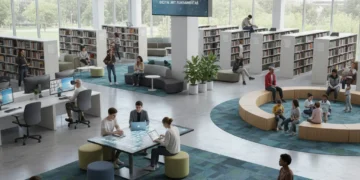Modern public library interior in 2026 with diverse patrons using technology and books