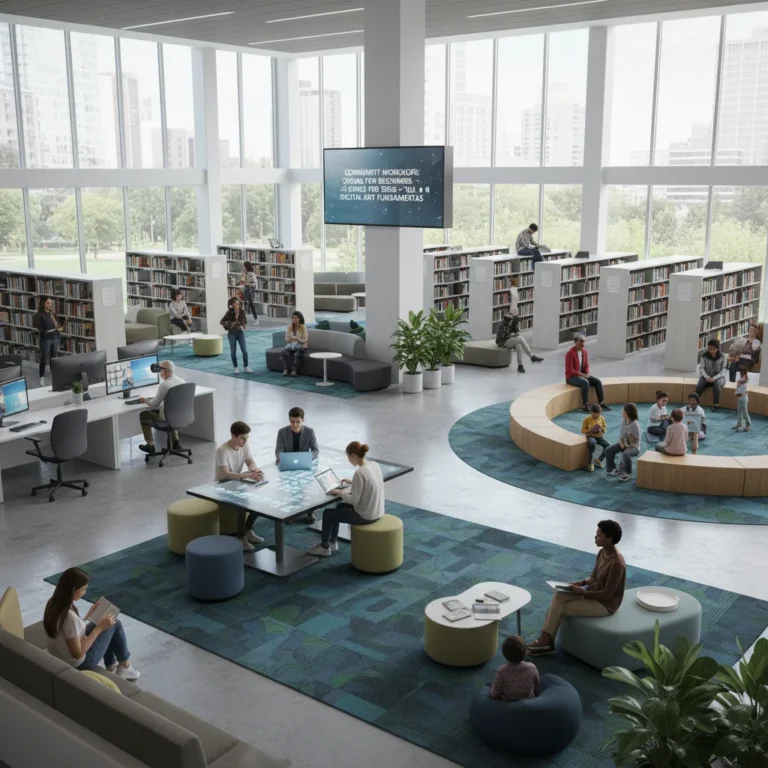 Modern public library interior in 2026 with diverse patrons using technology and books