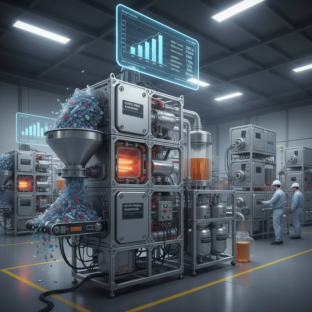 Modular plastic pyrolysis unit transforming plastic waste into fuel and chemical feedstock, demonstrating advanced recycling technology.