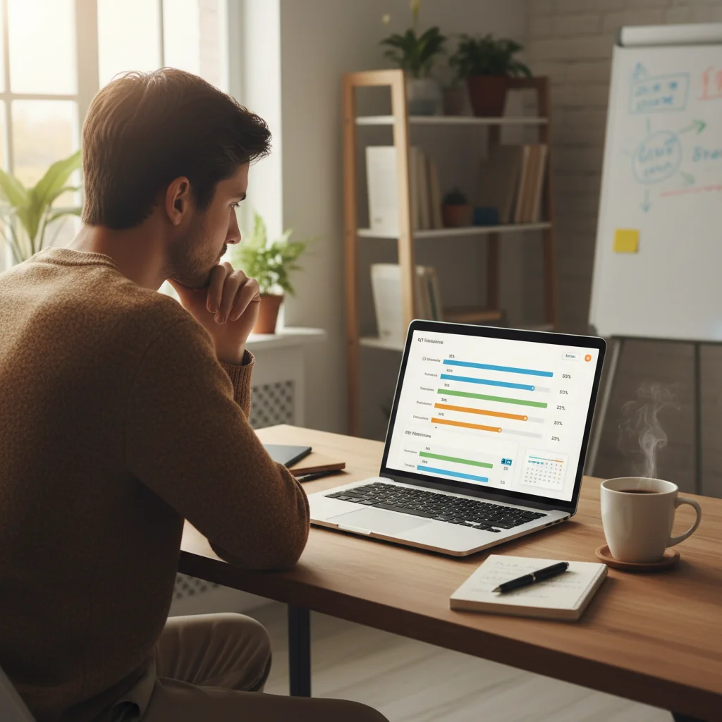 Individual monitoring personal development progress on a laptop for future success