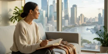 Person engaged in deep monthly self-reflection with a journal