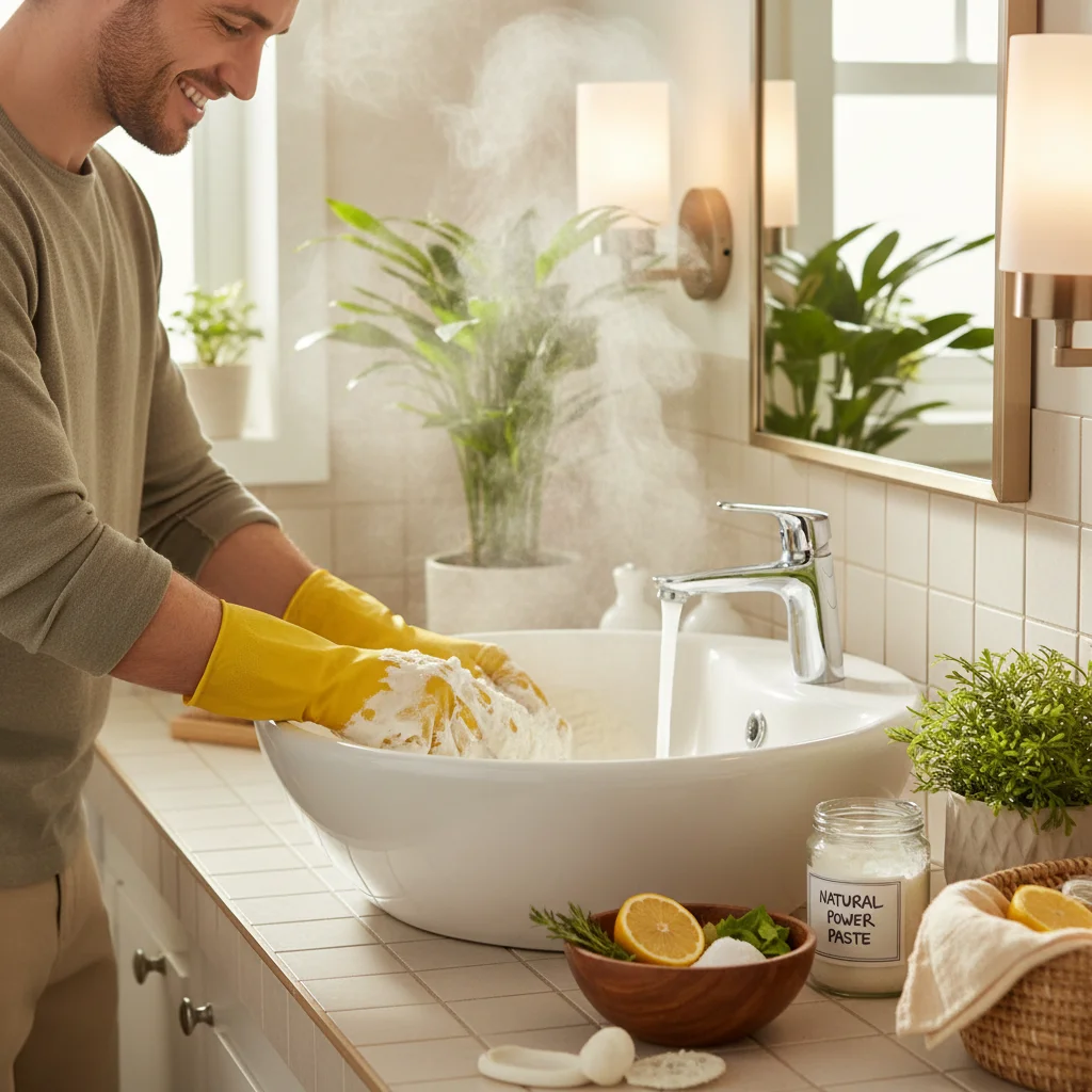 Person effectively cleaning a bathroom sink with natural, eco-friendly cleaning paste.