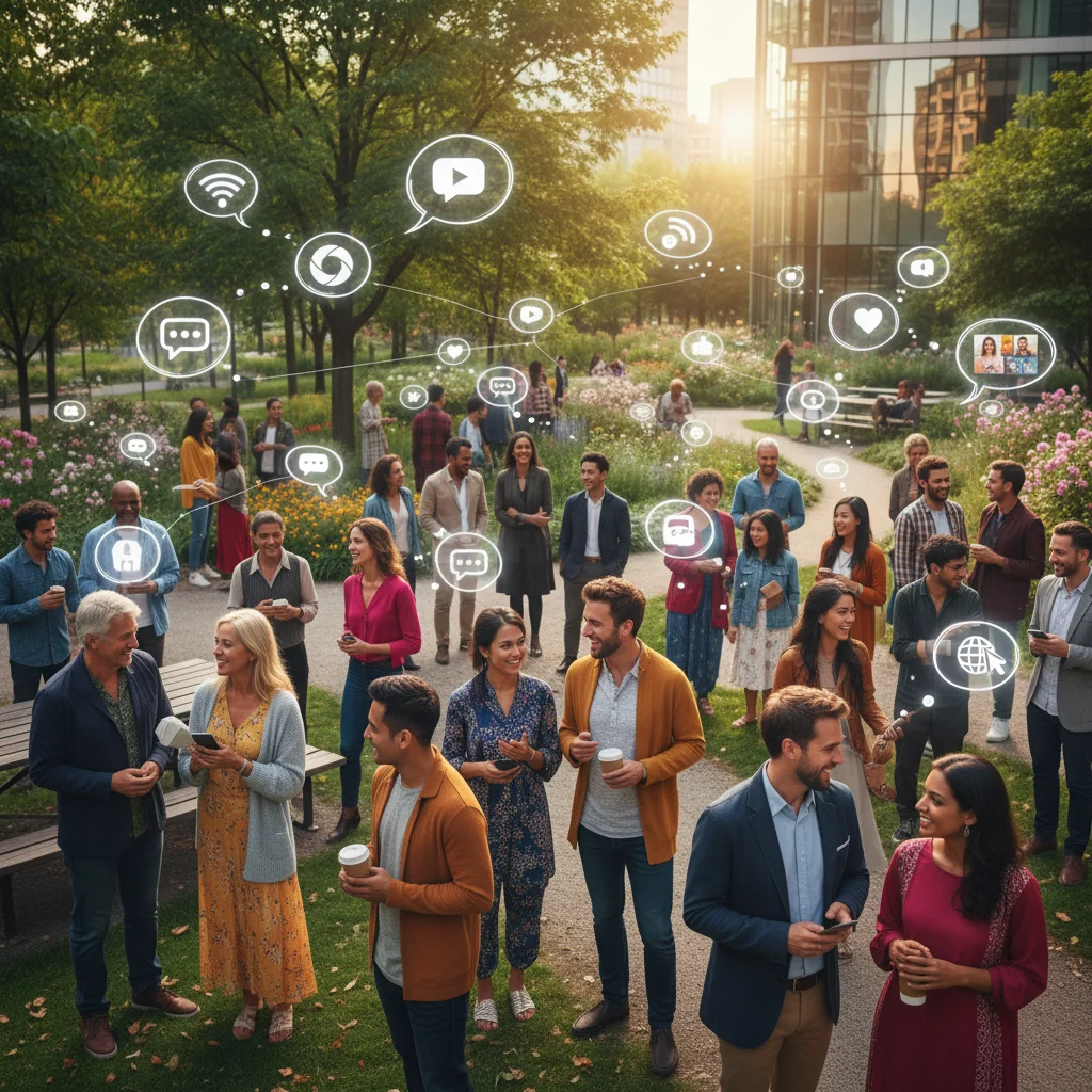 Diverse community members connecting online and offline