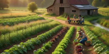Organic farm landscape at sunrise depicting sustainable food sourcing