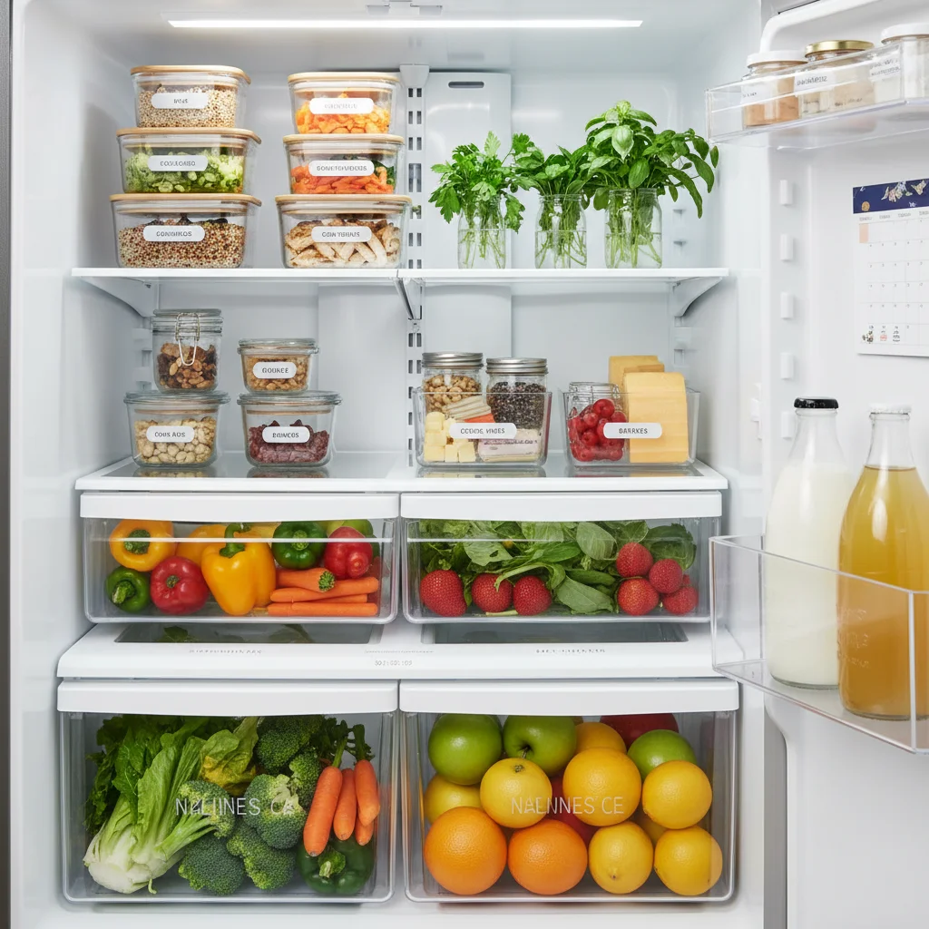 Organized refrigerator with labeled containers and fresh produce, demonstrating smart food storage.