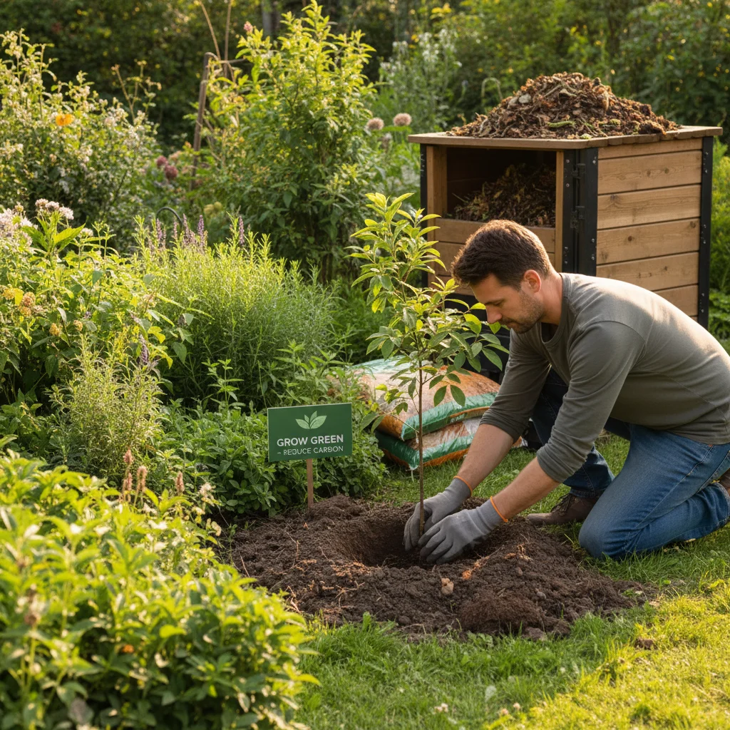 Individual planting a tree to reduce carbon footprint.