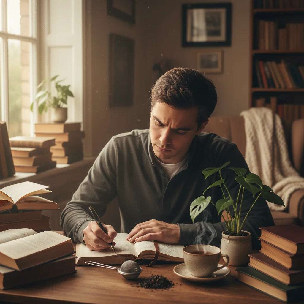 Person writing in journal, focused on self-reflection