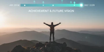 Person on mountain peak overlooking future timeline towards 2026