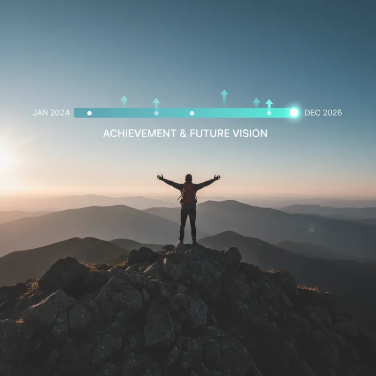 Person on mountain peak overlooking future timeline towards 2026