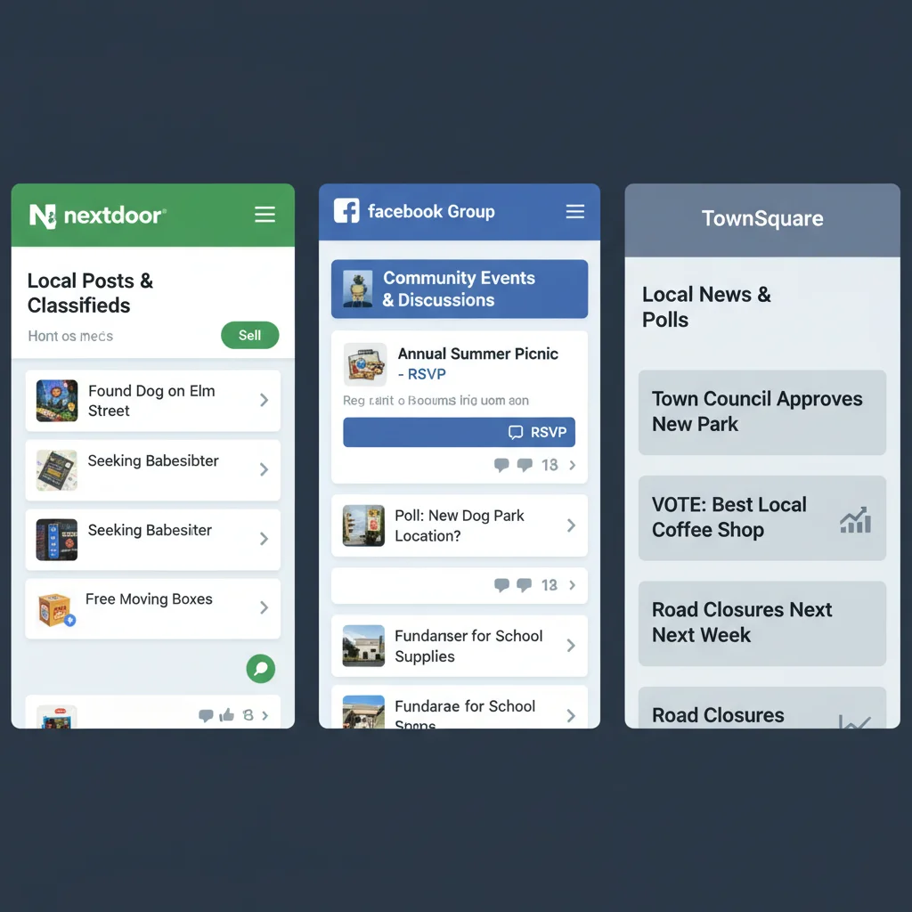 Comparison of Nextdoor, Facebook Groups, and TownSquare interfaces