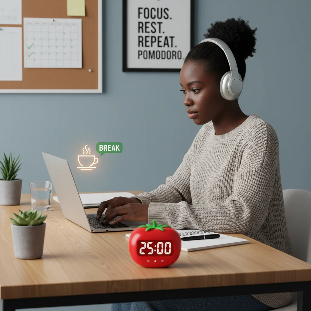 Pomodoro Technique timer with person working, showing focused effort