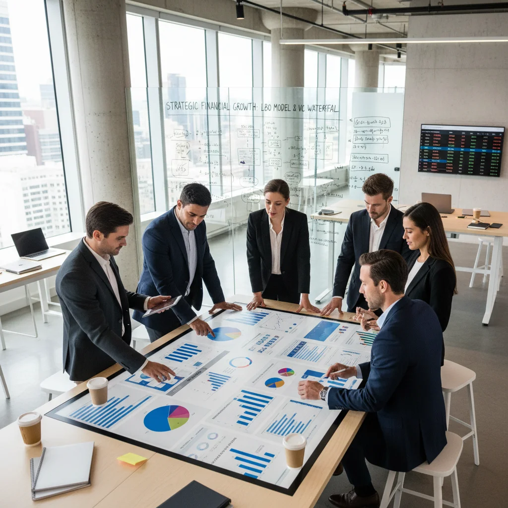 Financial professionals analyzing private equity and venture capital data in an office setting