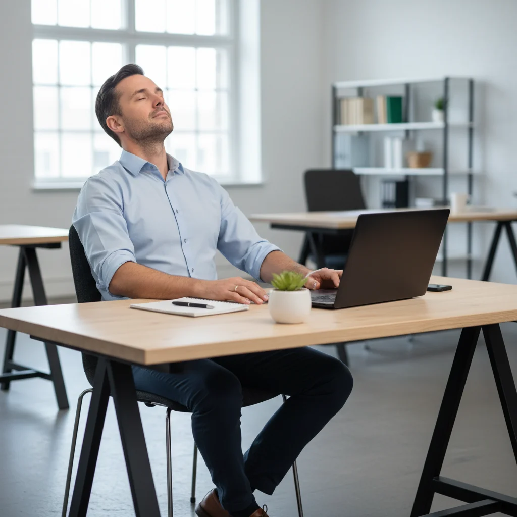 Professional taking mindful micro-break at office desk