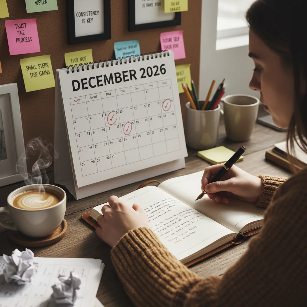 Person reviewing progress towards future goals in a journal