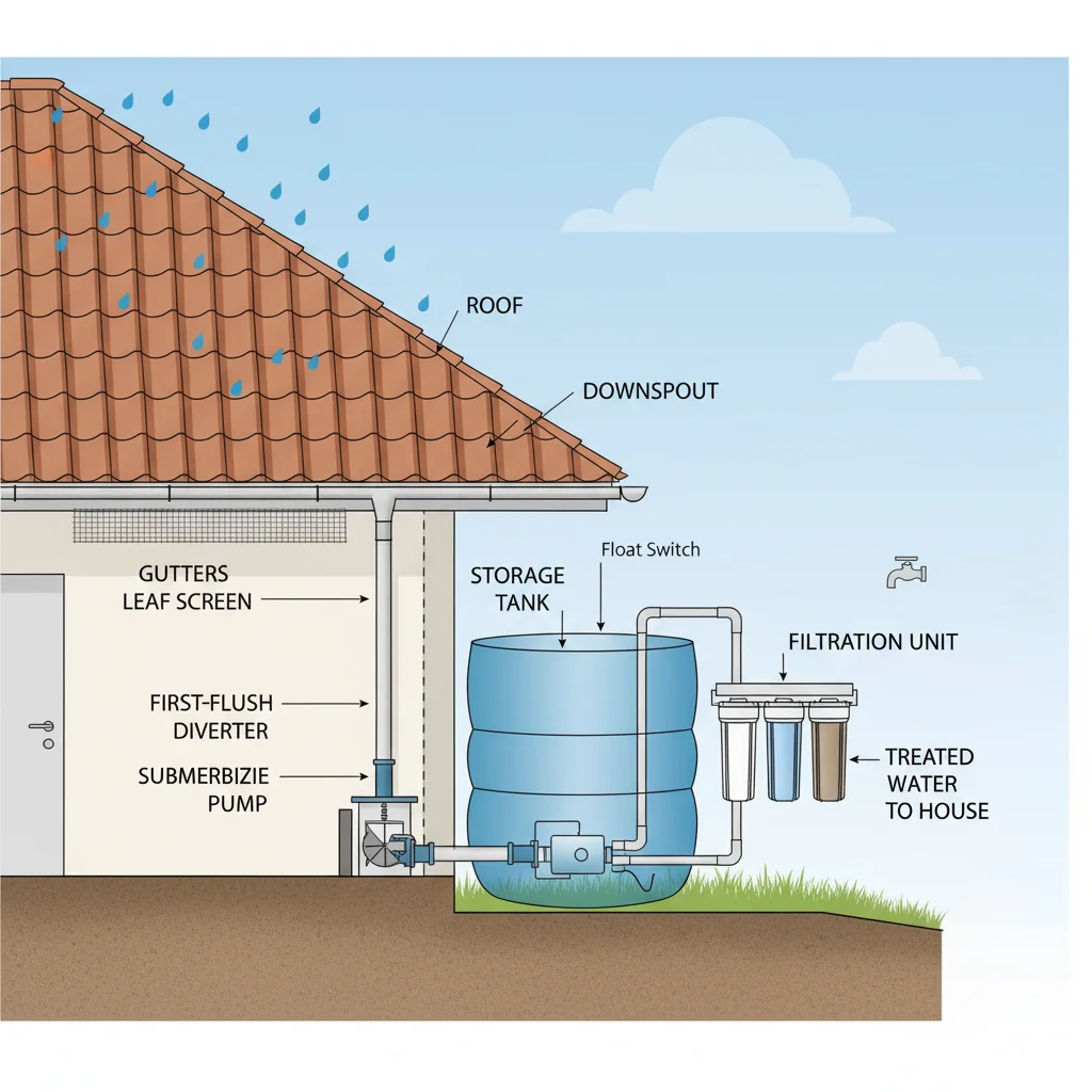 Diagram showing components of a residential rainwater harvesting system.