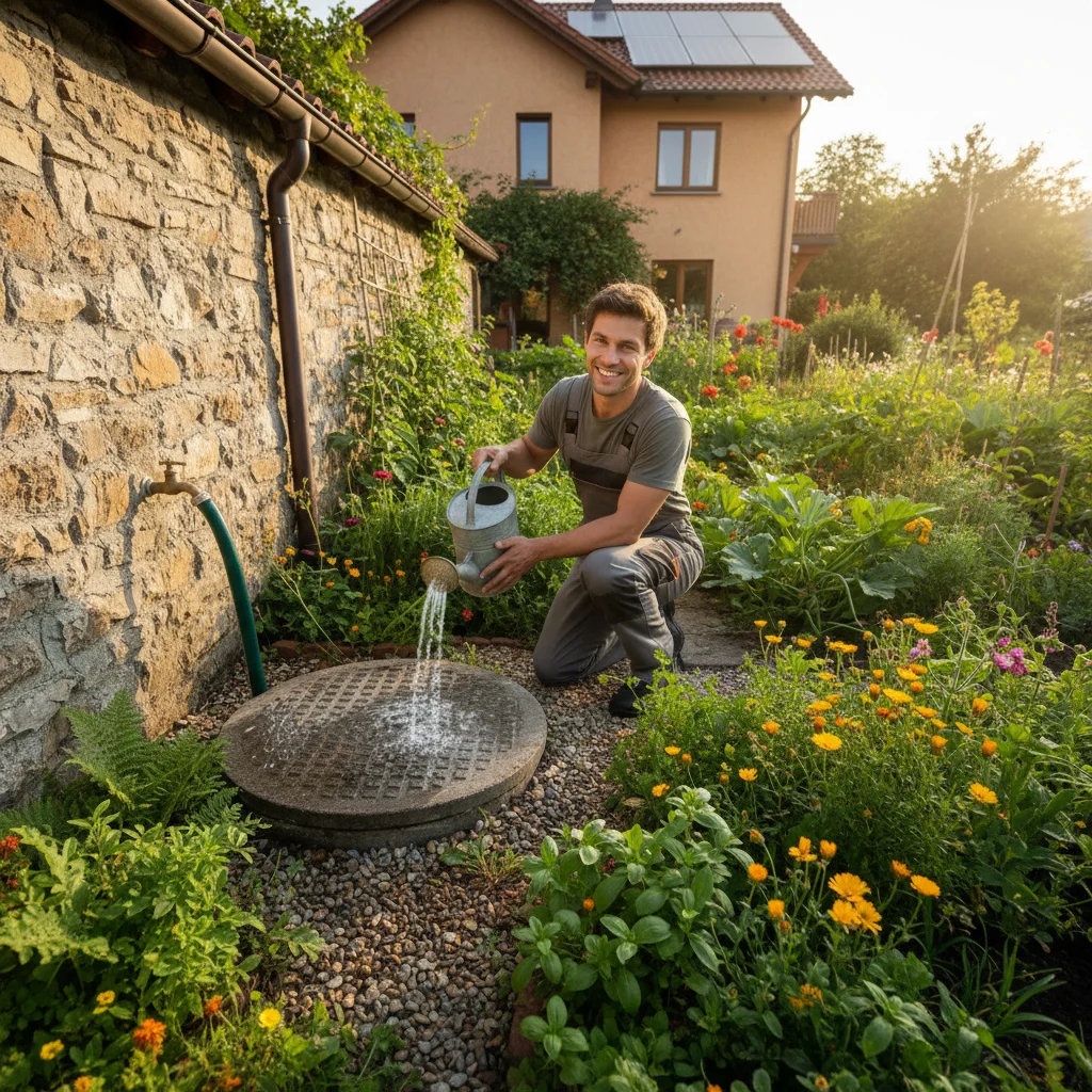 Home garden thriving with rainwater irrigation from a harvesting system.