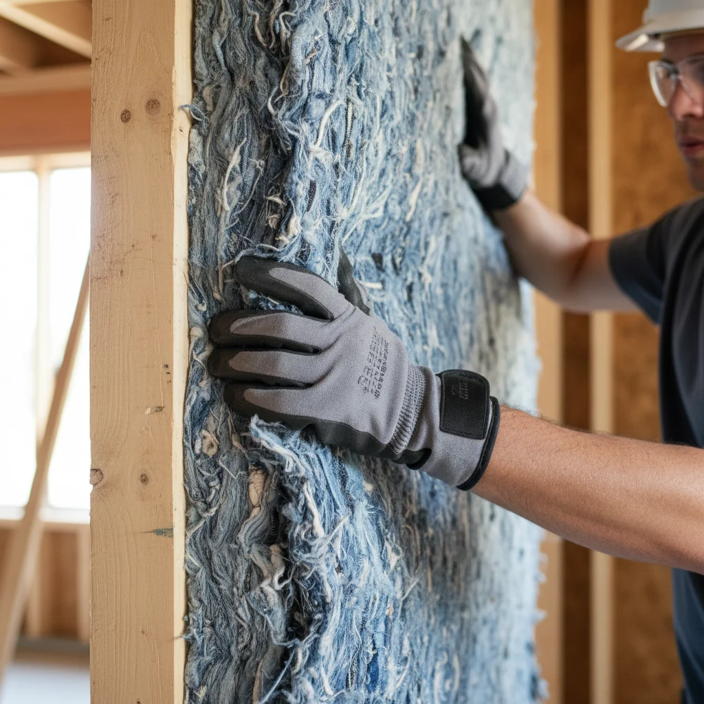 Worker installing recycled denim insulation in a wall cavity