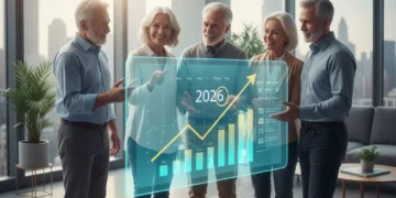 Group of diverse seniors planning retirement with digital charts for 2026