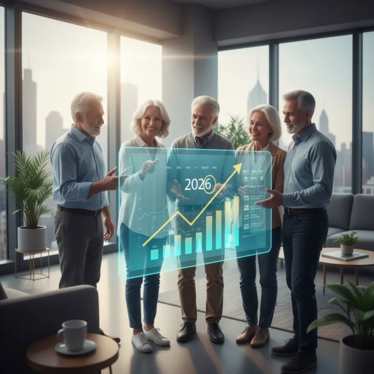Group of diverse seniors planning retirement with digital charts for 2026