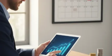 Person planning retirement finances for 2026, reviewing investment charts and future savings