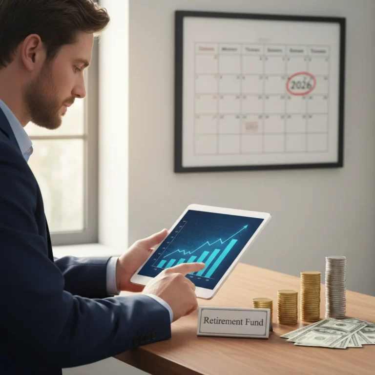 Person planning retirement finances for 2026, reviewing investment charts and future savings