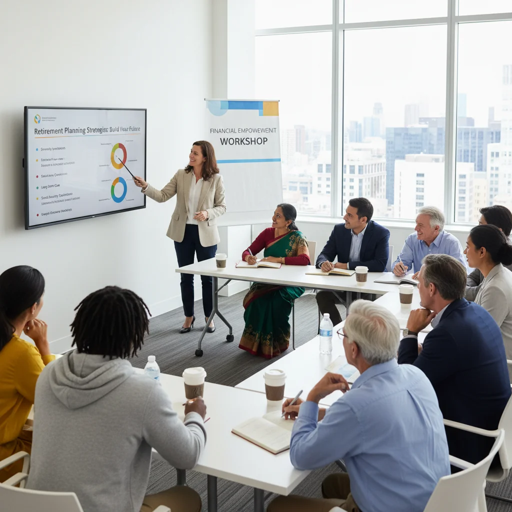 Diverse group learning about future retirement planning strategies with a financial advisor