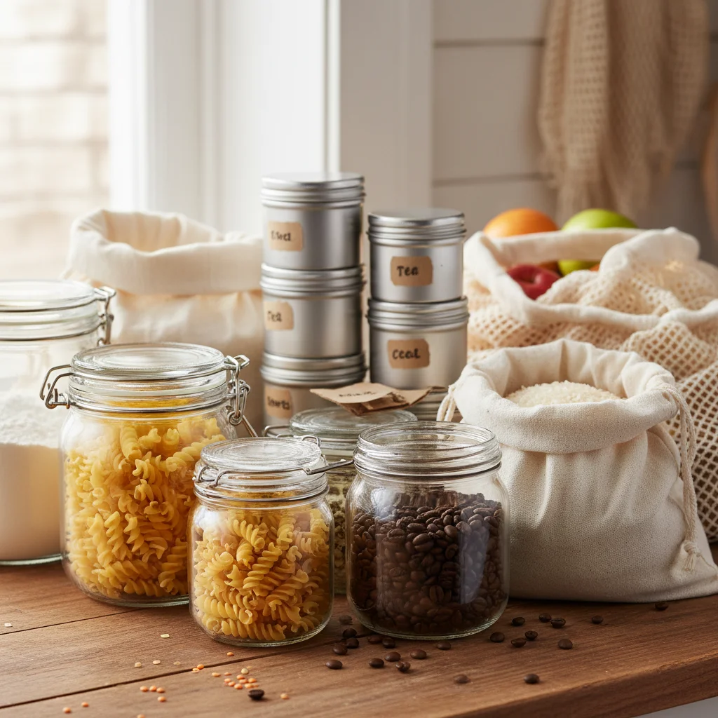 Assortment of reusable containers filled with bulk groceries on a wooden counter.