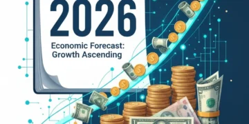 Graph showing rising interest rates towards 2026 with coins and dollar bills.