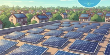 Modern rooftop with high-efficiency solar panels under a clear sky, symbolizing energy savings.