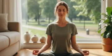 Serene woman meditating in a modern living room reducing stress