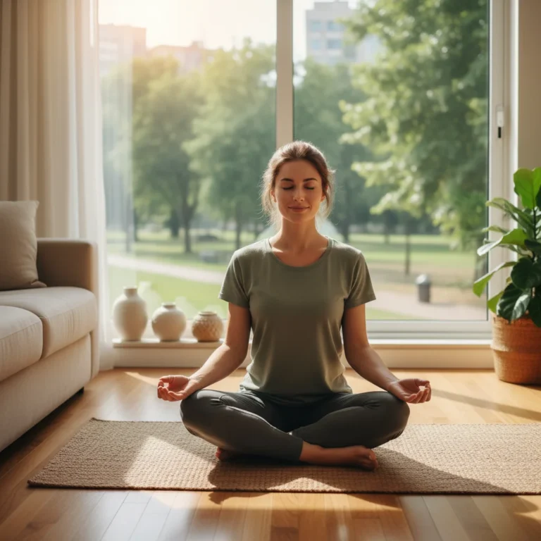 Serene woman meditating in a modern living room reducing stress