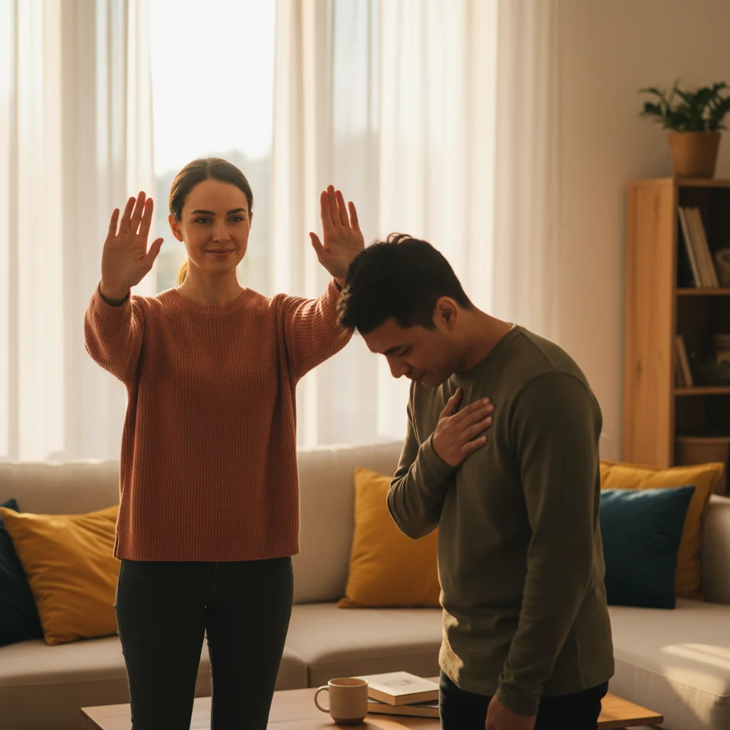 Person confidently setting a boundary with a calm, clear hand gesture.